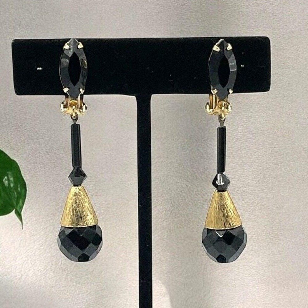Vintage Lewis Segal Earrings Clip On Art Deco Black Glass Dangle